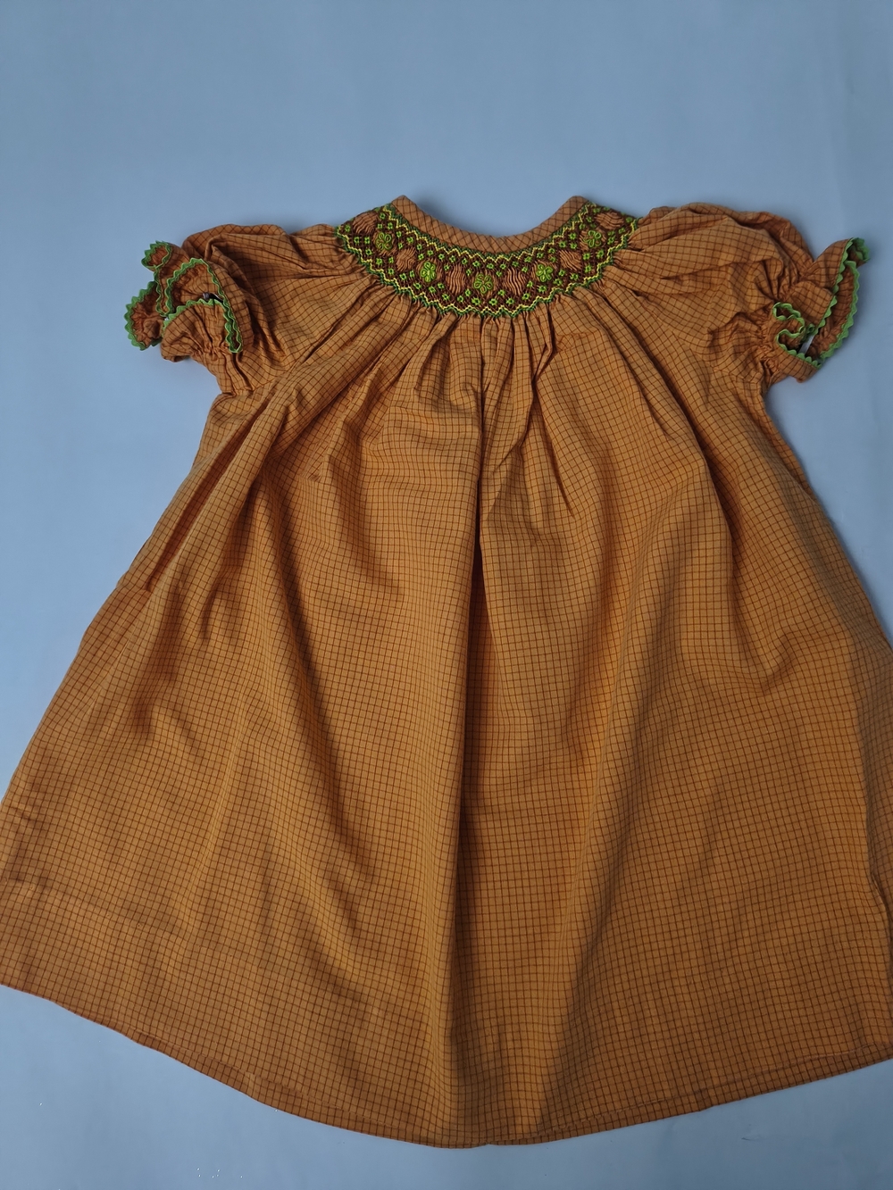 Orange Smocked Plaid Kids Costume Dress with Green Trim